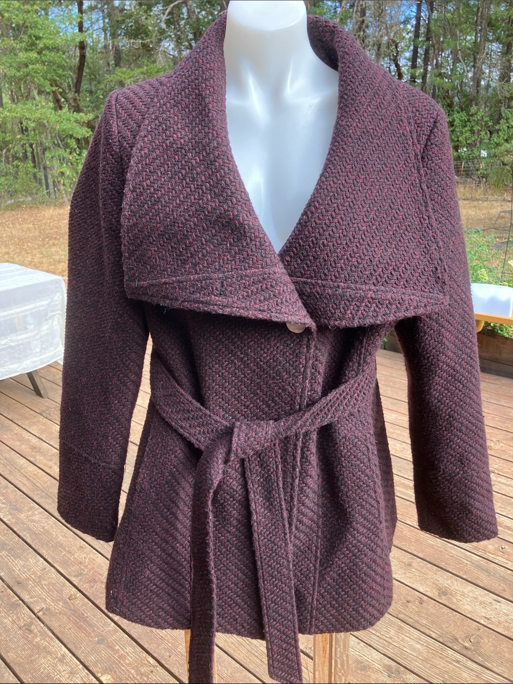 Tweed belted pea coat dark burgundy & black XL international concepts INC